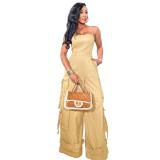 Khaki Sleeveless Off Shoulder Multi-Pocket Wide Leg Cargo Sexy Jumpsuit