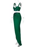 Green Off Shoulder Low Cut Crop Top Pleated Party Formal Evening Skirt Sets Dress