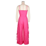 Rose Red Sleeveless Off Shoulder Multi-Pocket Wide Leg Cargo Sexy Jumpsuit