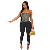 Black Off Shoulder Gradient Skinny Stretch Denim Bodycon Party Sexy Jumpsuit Rompers