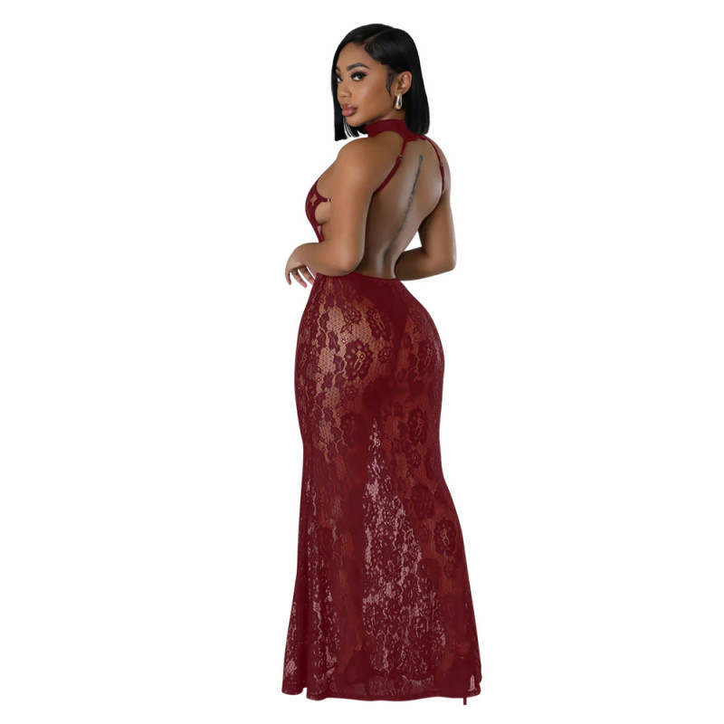 Claret Lace Halter Hollow Out See Through Sexy Women Club Maxi Dress