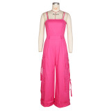 Rose Red Sleeveless Off Shoulder Multi-Pocket Wide Leg Cargo Sexy Jumpsuit