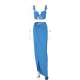 Blue Off Shoulder Low Cut Crop Top Pleated Party Formal Evening Skirt Sets Dress