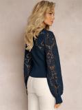 Navy Lace Embroidery Hollow Out Long Sleeve Office Lady Crop Top
