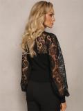Black Lace Embroidery Hollow Out Long Sleeve Office Lady Crop Top