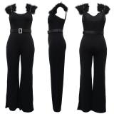 Black Feather Halter Low Cut Bodycon Women Casual Jumpsuit Dress with Belt