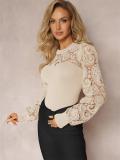 Beige Lace Embroidery Hollow Out Long Sleeve Office Lady Crop Top