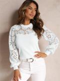 White Lace Embroidery Hollow Out Long Sleeve Office Lady Crop Top