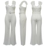 White Feather Halter Low Cut Bodycon Women Casual Jumpsuit Dress with Belt