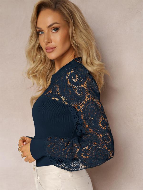 Navy Lace Embroidery Hollow Out Long Sleeve Office Lady Crop Top