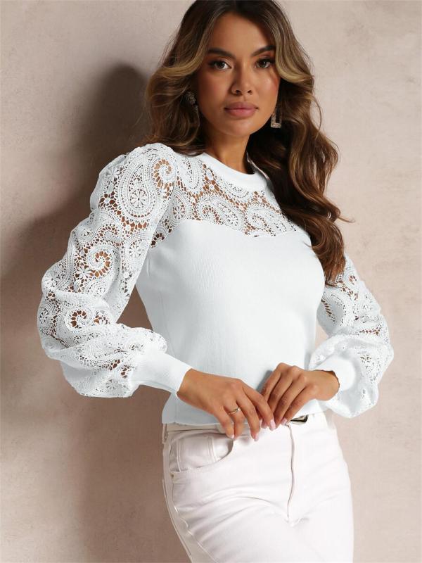 White Lace Embroidery Hollow Out Long Sleeve Office Lady Crop Top