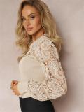 Beige Lace Embroidery Hollow Out Long Sleeve Office Lady Crop Top