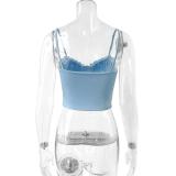 Sky Blue Straps Pleated Cups Mesh Short Club Tops