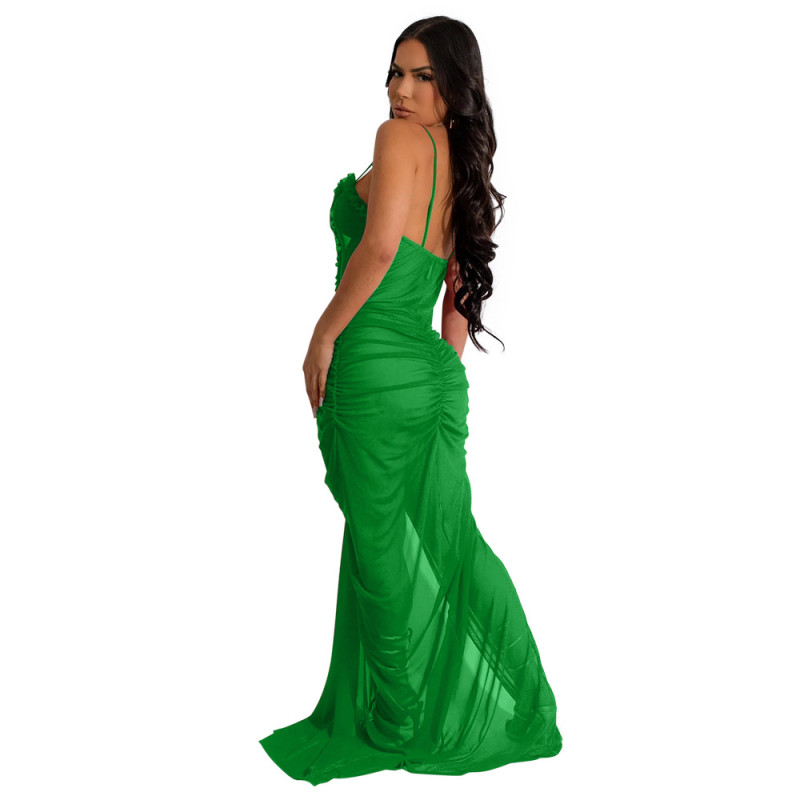 Green Sleeveless Frilly Deep V Neck Mesh Pleated Sexy Club Maxi Dress