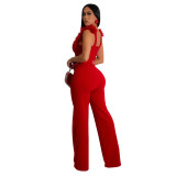 Red Feather Halter Low Cut Bodycon Women Casual Jumpsuit Dress with Belt