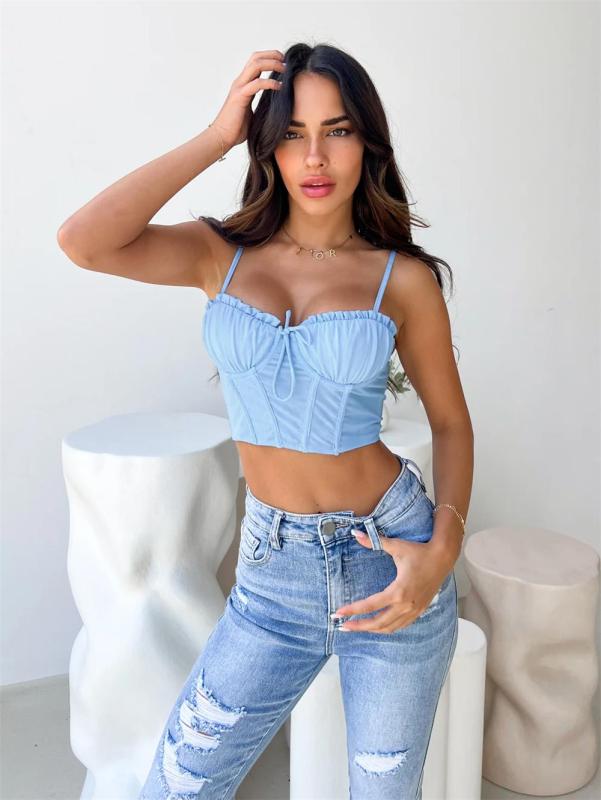 Sky Blue Straps Pleated Cups Mesh Short Club Tops