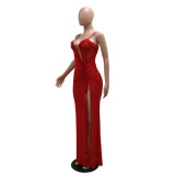 Red Sleeveless Frilly Deep V Neck Mesh Pleated Sexy Club Maxi Dress
