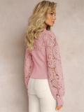 Pink Lace Embroidery Hollow Out Long Sleeve Office Lady Crop Top