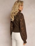 Coffee Lace Embroidery Hollow Out Long Sleeve Office Lady Crop Top