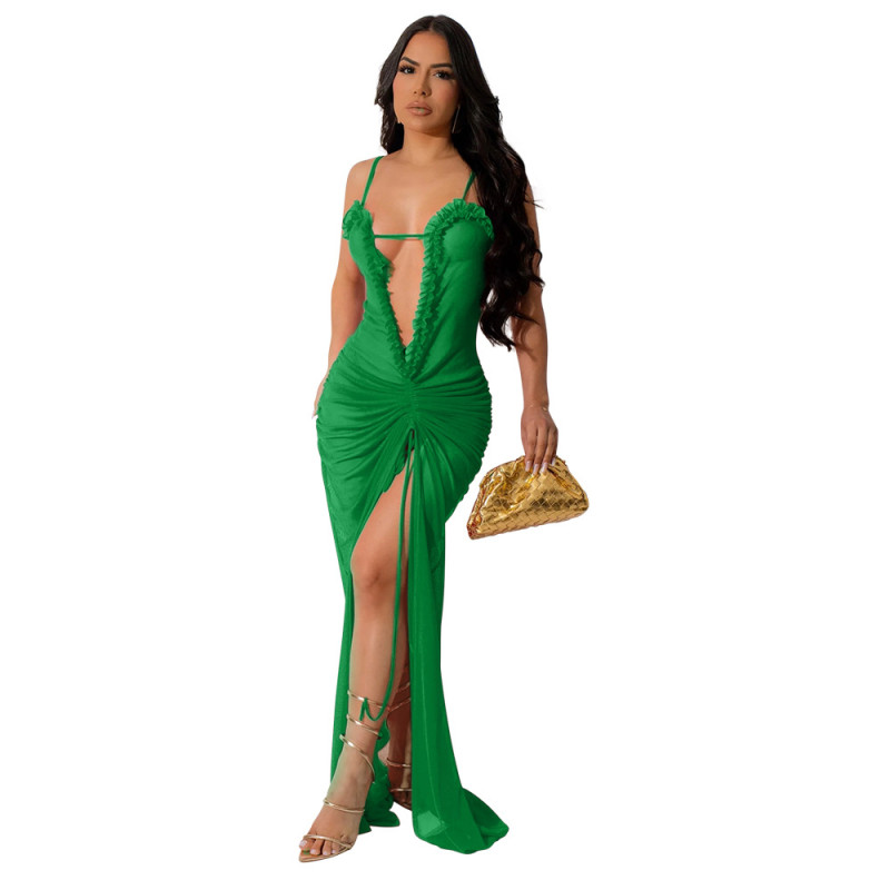 Green Sleeveless Frilly Deep V Neck Mesh Pleated Sexy Club Maxi Dress