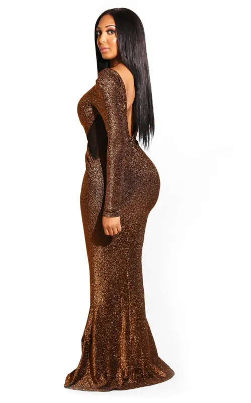 Brown Long Sleeve Sparkle Silk Luxury Evening Women Party Gown Maxi Dress