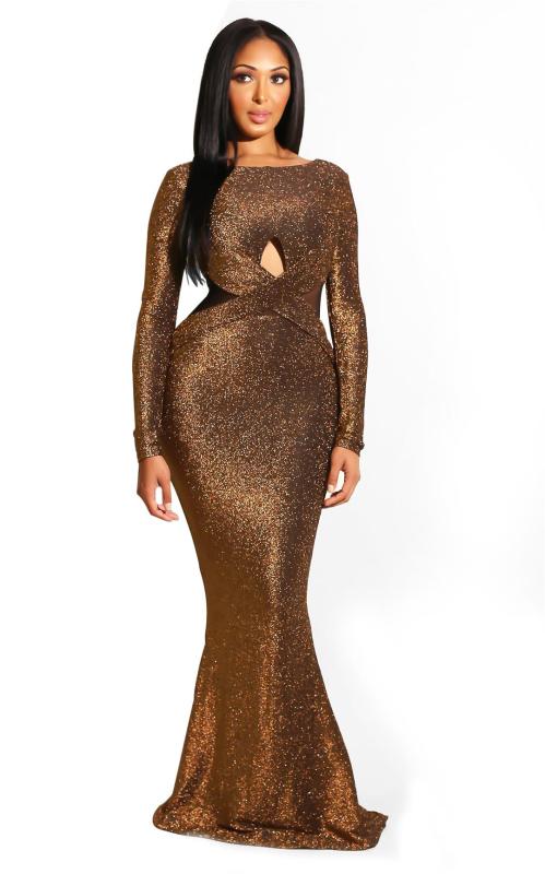Brown Long Sleeve Sparkle Silk Luxury Evening Women Party Gown Maxi Dress