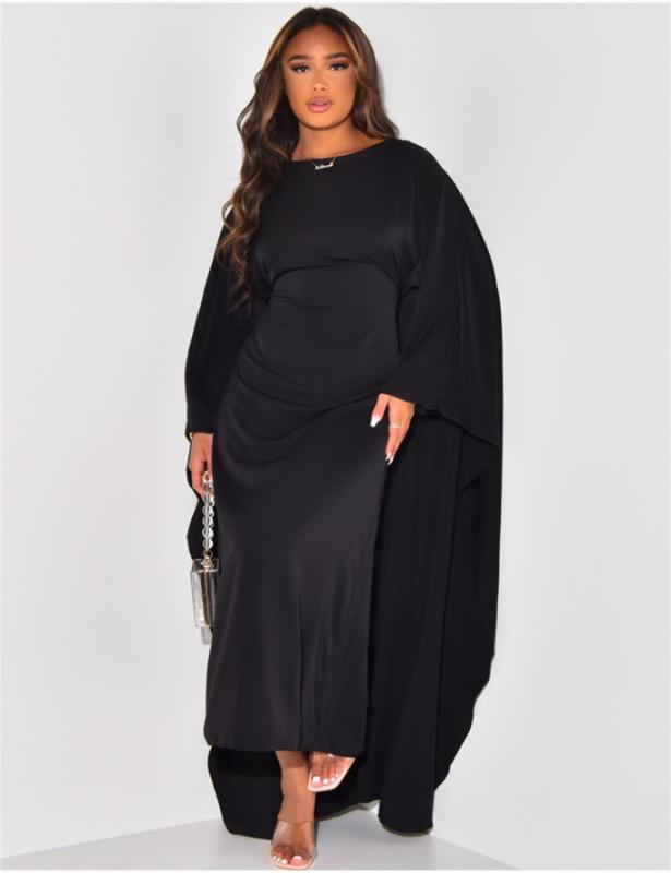 Black Long Sleeve Shawl Loose Fit Casual Women Solid Midi Dress 001