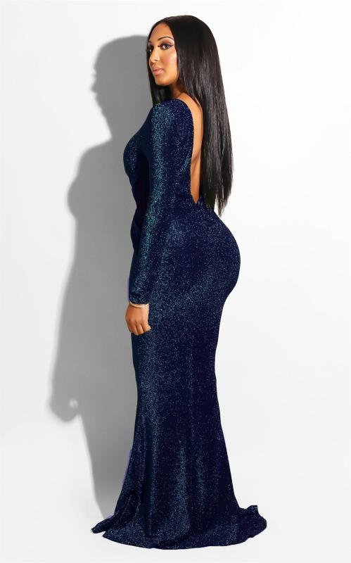 Royal Blue Long Sleeve Sparkle Silk Luxury Evening Women Party Gown Maxi Dress