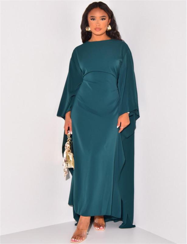 Green Long Sleeve Shawl Loose Fit Casual Women Solid Midi Dress
