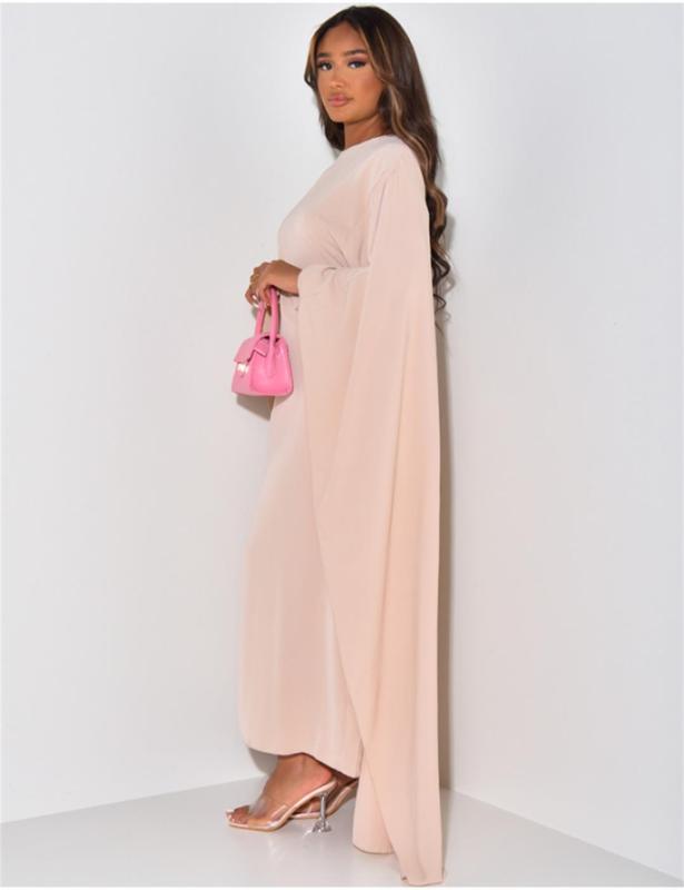 Pink Long Sleeve Shawl Loose Fit Casual Women Solid Midi Dress