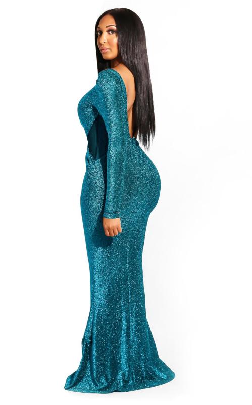 Lake Blue Long Sleeve Sparkle Silk Luxury Evening Women Party Gown Maxi Dress
