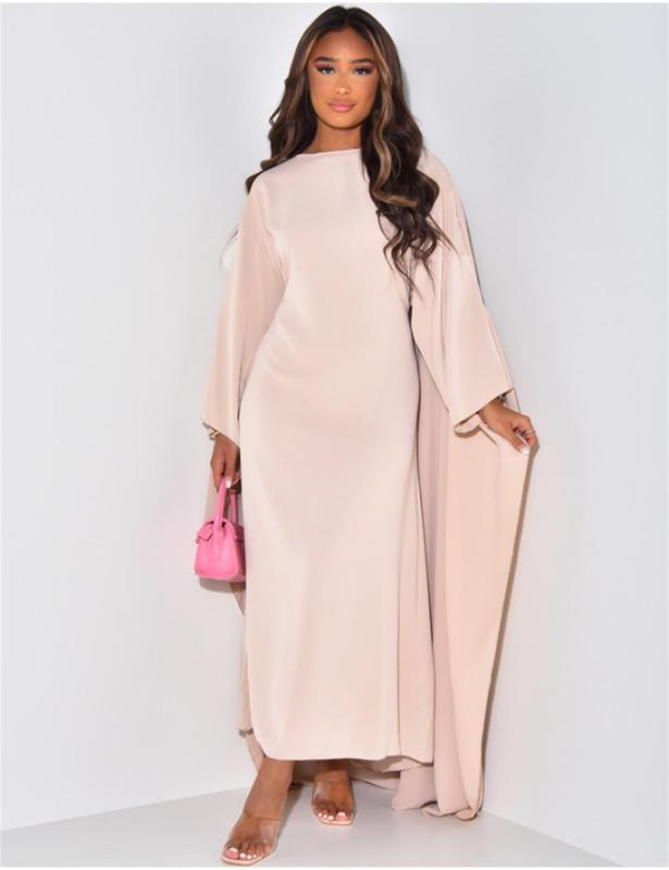 Pink Long Sleeve Shawl Loose Fit Casual Women Solid Midi Dress