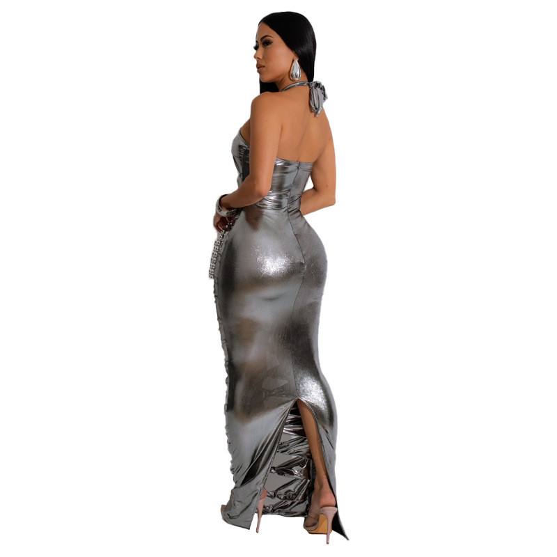 Gray Sleeveless Hollow Out Gilding Bandage Metallic Rings Party Midi Dress