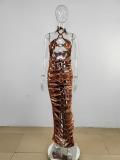 Gold Sleeveless Hollow Out Gilding Bandage Metallic Rings Party Midi Dress