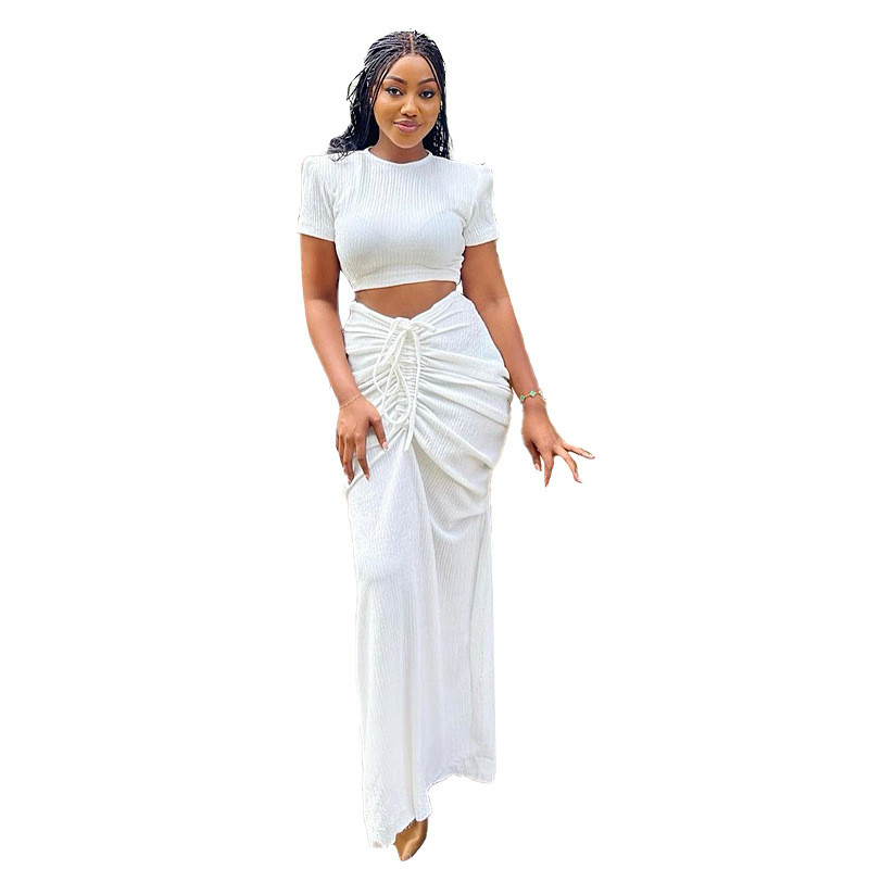 White Short Sleeve O Neck Crop Top Pleated Evening Prom Women Two Piece Skirt Sets