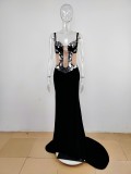 Black Halter Low Cut Sequins Mesh Bodycon Slim Women Formal Long Dress