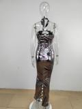 Gray Sleeveless Hollow Out Gilding Bandage Metallic Rings Party Midi Dress