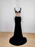 Black Halter Low Cut Sequins Mesh Bodycon Slim Women Formal Long Dress