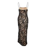 Black Lace Low Cut Straps Lining Bodycon Women Party Formal Maxi Dress