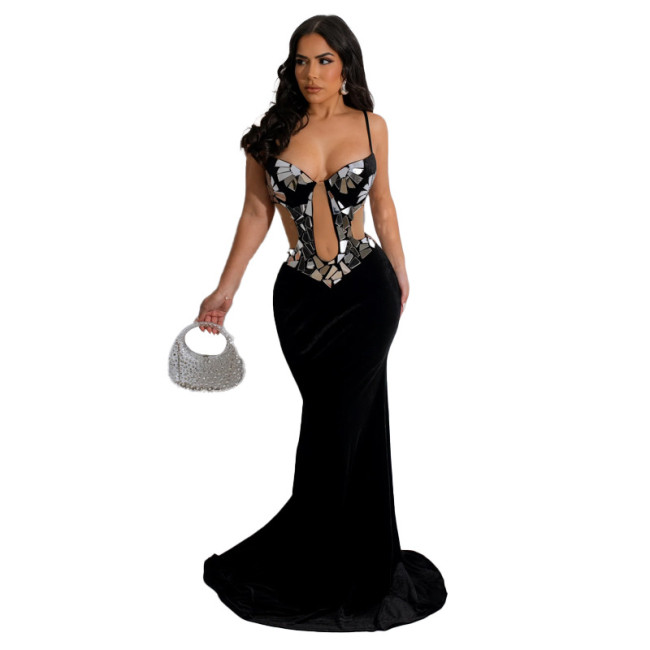 Black Halter Low Cut Sequins Mesh Bodycon Slim Women Formal Long Dress