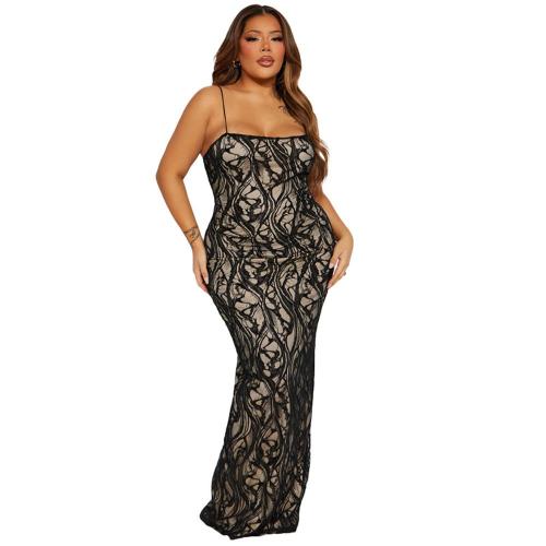 Black Lace Low Cut Straps Lining Bodycon Women Party Formal Maxi Dress