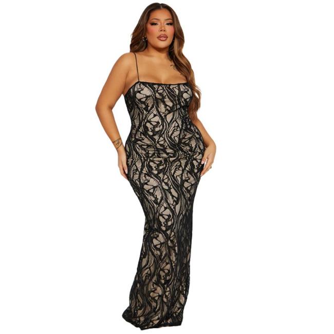 Black Lace Low Cut Straps Lining Bodycon Women Party Formal Maxi Dress