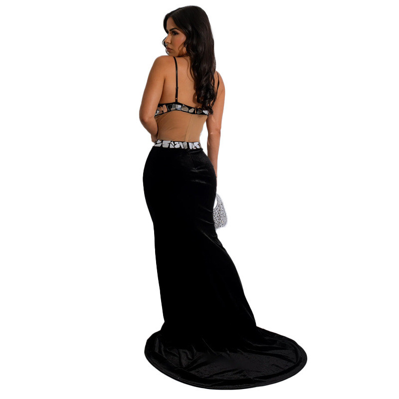Black Halter Low Cut Sequins Mesh Bodycon Slim Women Formal Long Dress