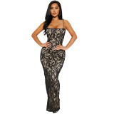 Black Lace Low Cut Straps Lining Bodycon Women Party Formal Maxi Dress