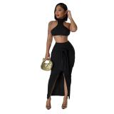Black Sleeveless Short Crop Top Striped Bandage Pleated Club Midi Dress