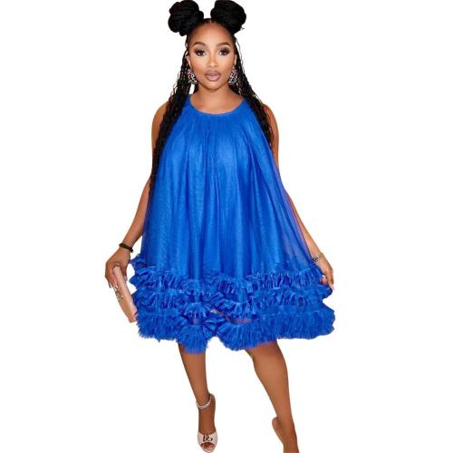 Blue Sleeveless Mesh Women A Skirt Lining O Neck Pleated Mini Dress