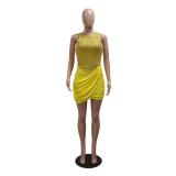 Gold Sleeveless Sequins Top Pleated Women Club Dress