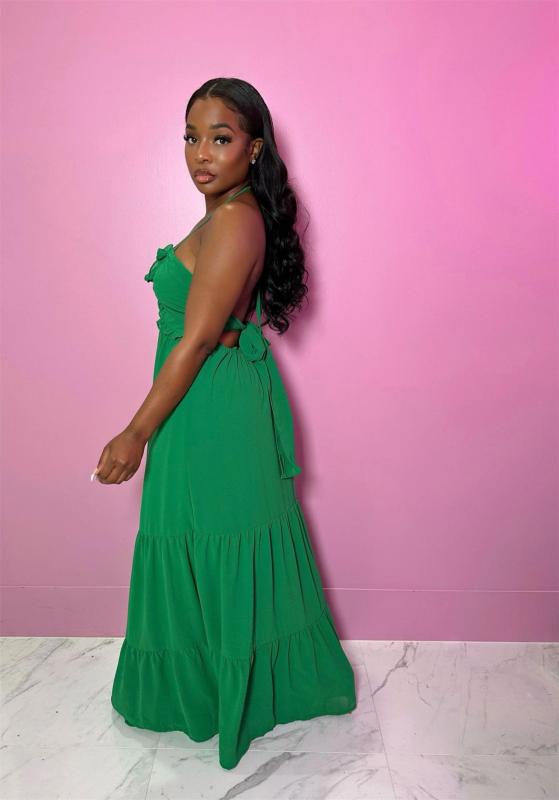 Green Sleeveless Women Straps Fashion Low Cut Sexy Pleated Skirt Dress