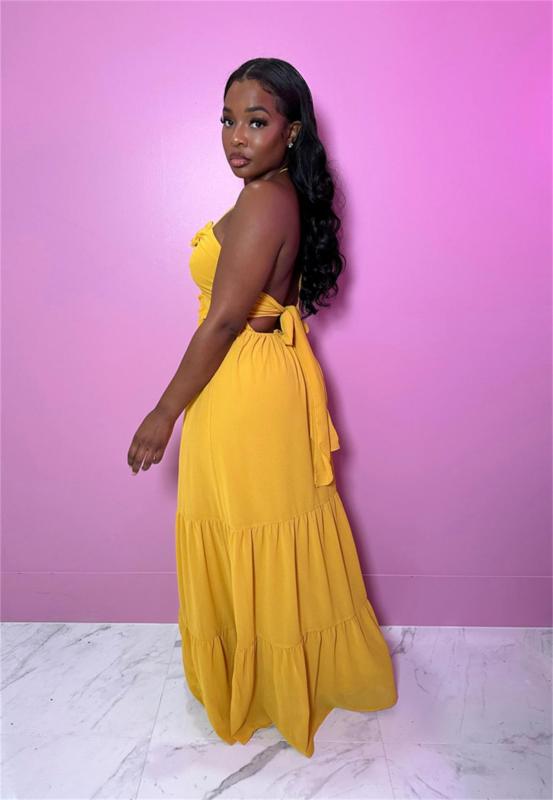 Yellow Sleeveless Women Straps Fashion Low Cut Sexy Pleated Skirt Dress