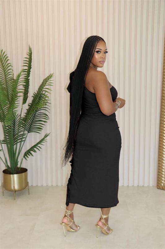 Black Sleeveless Lacy Ruffles Sexy Party Club Slit Two Pieces Midi Dress